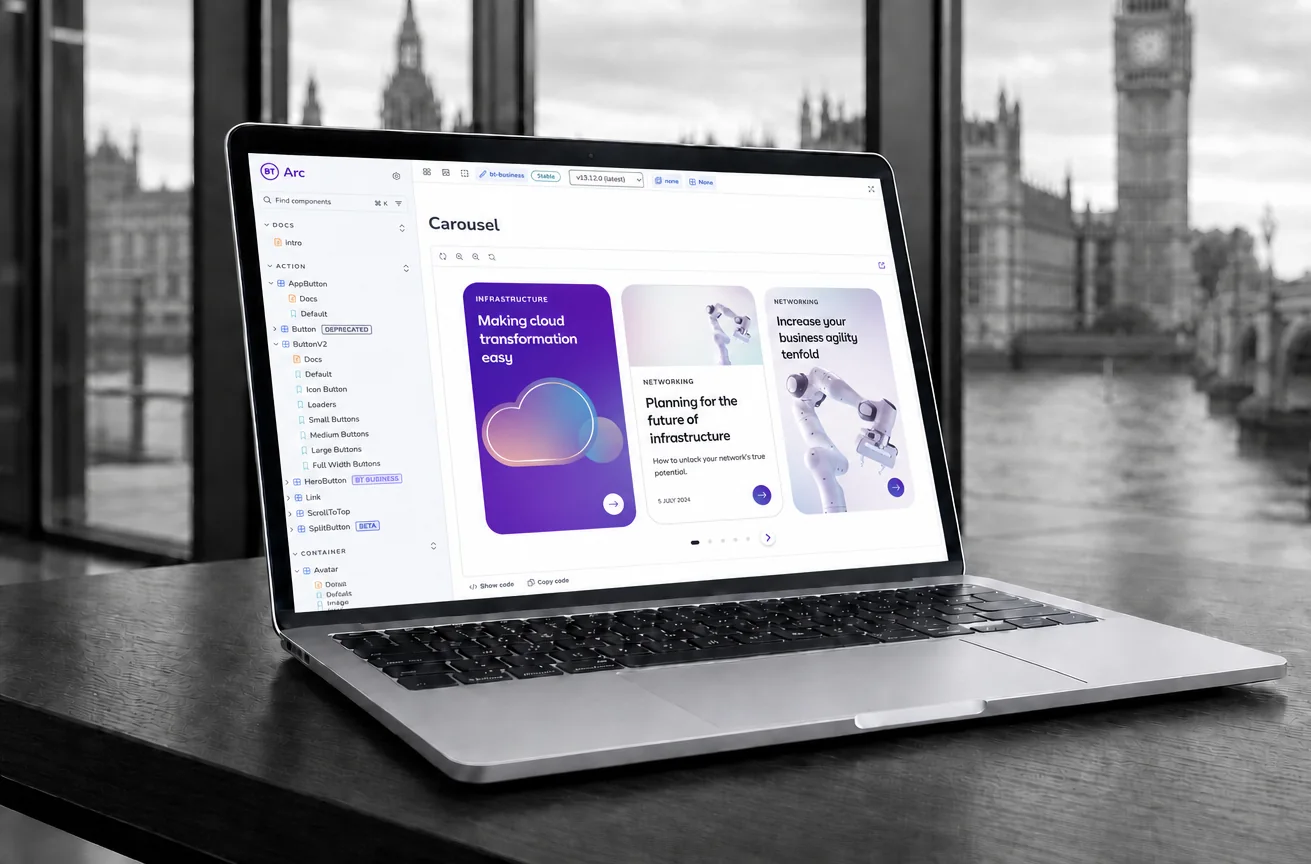BT Arc component documentation displayed on a laptop overlooking Westminster