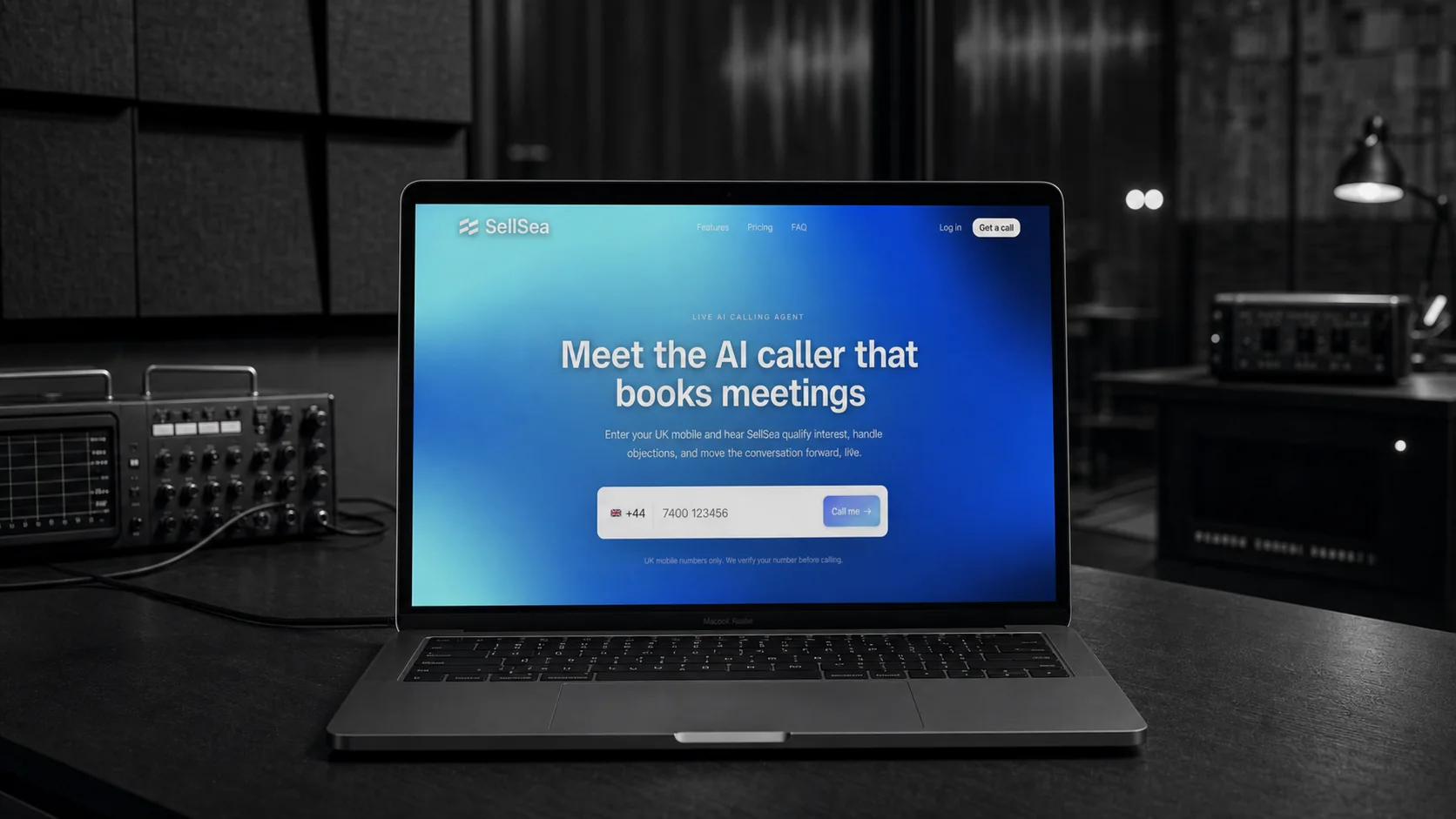 SellSea AI calling platform displayed on a laptop in a dark studio