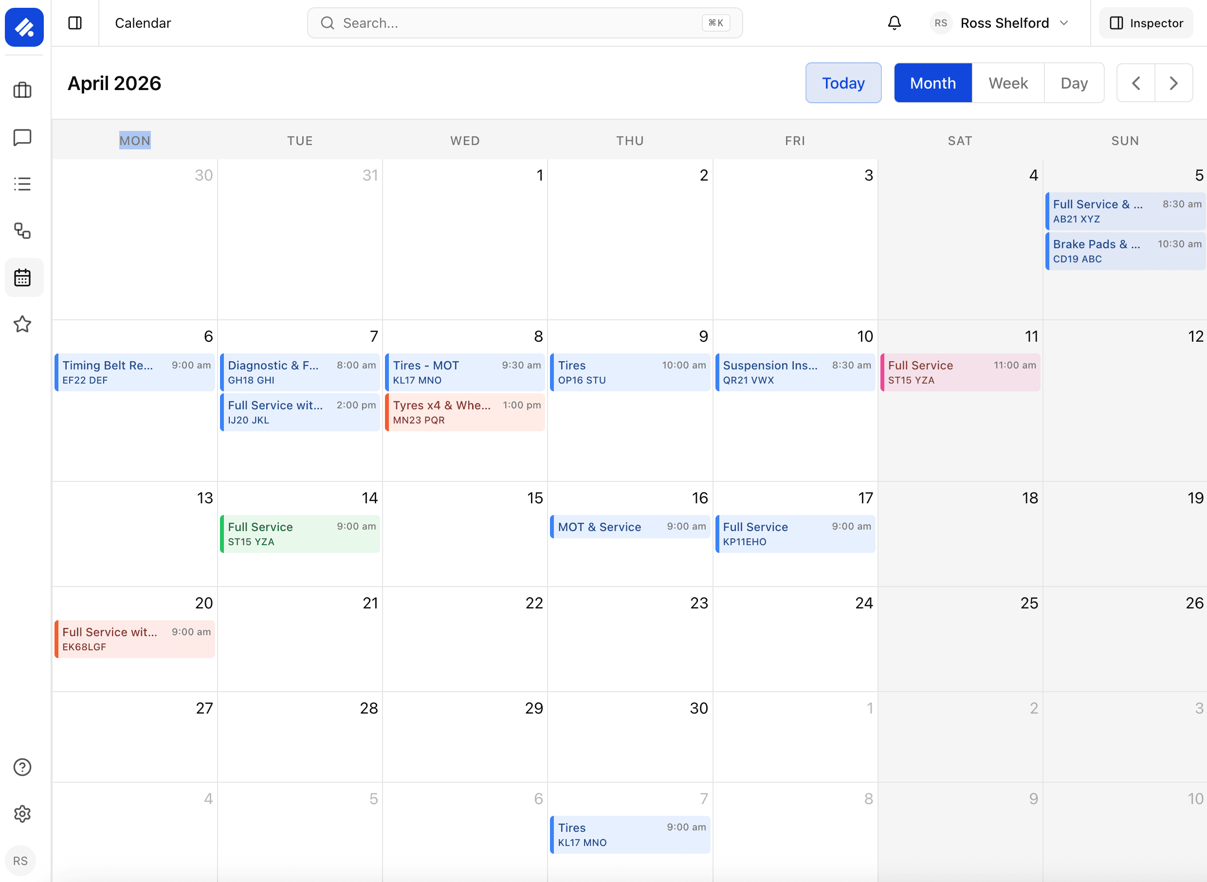 Pistonlog monthly workshop calendar showing scheduled services and repairs