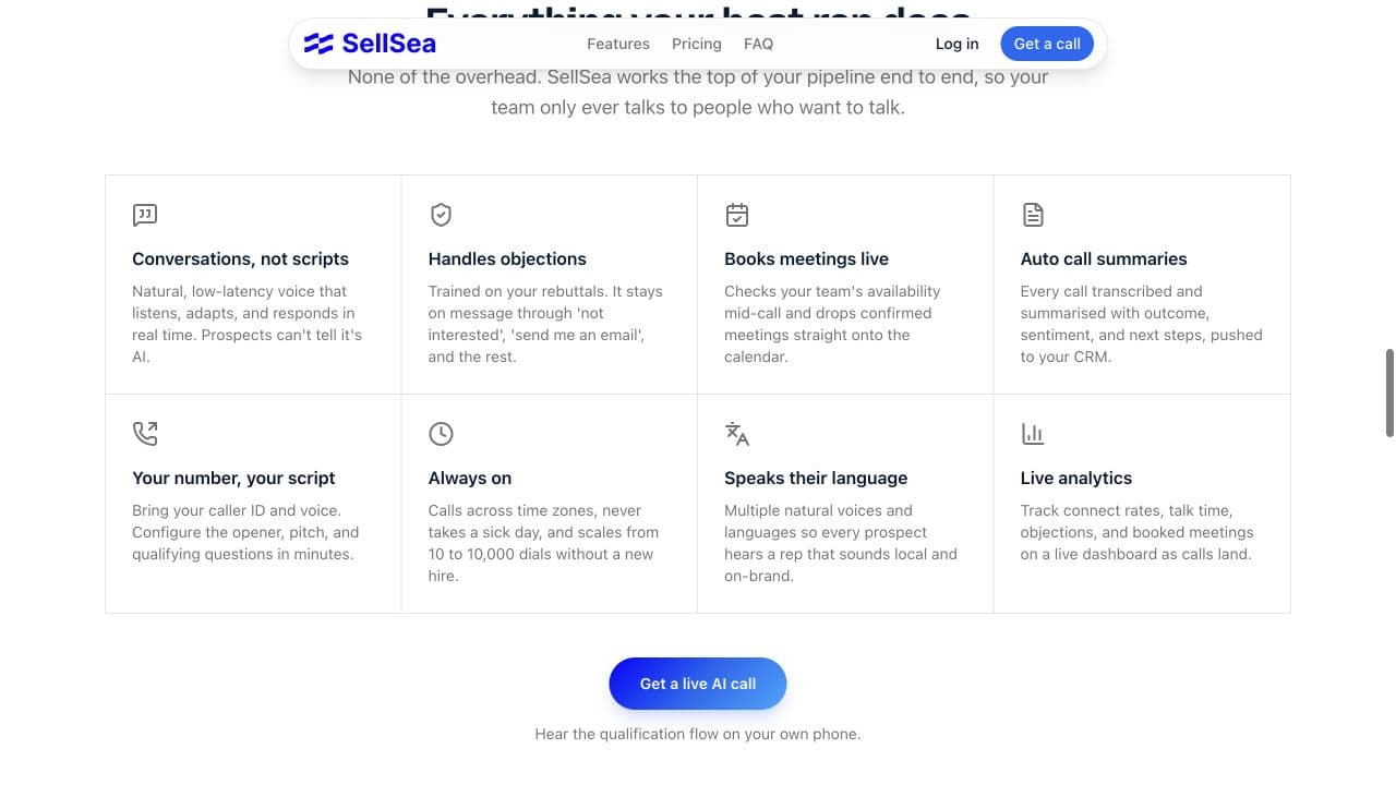 SellSea capability grid describing conversations, objection handling, bookings, summaries and analytics