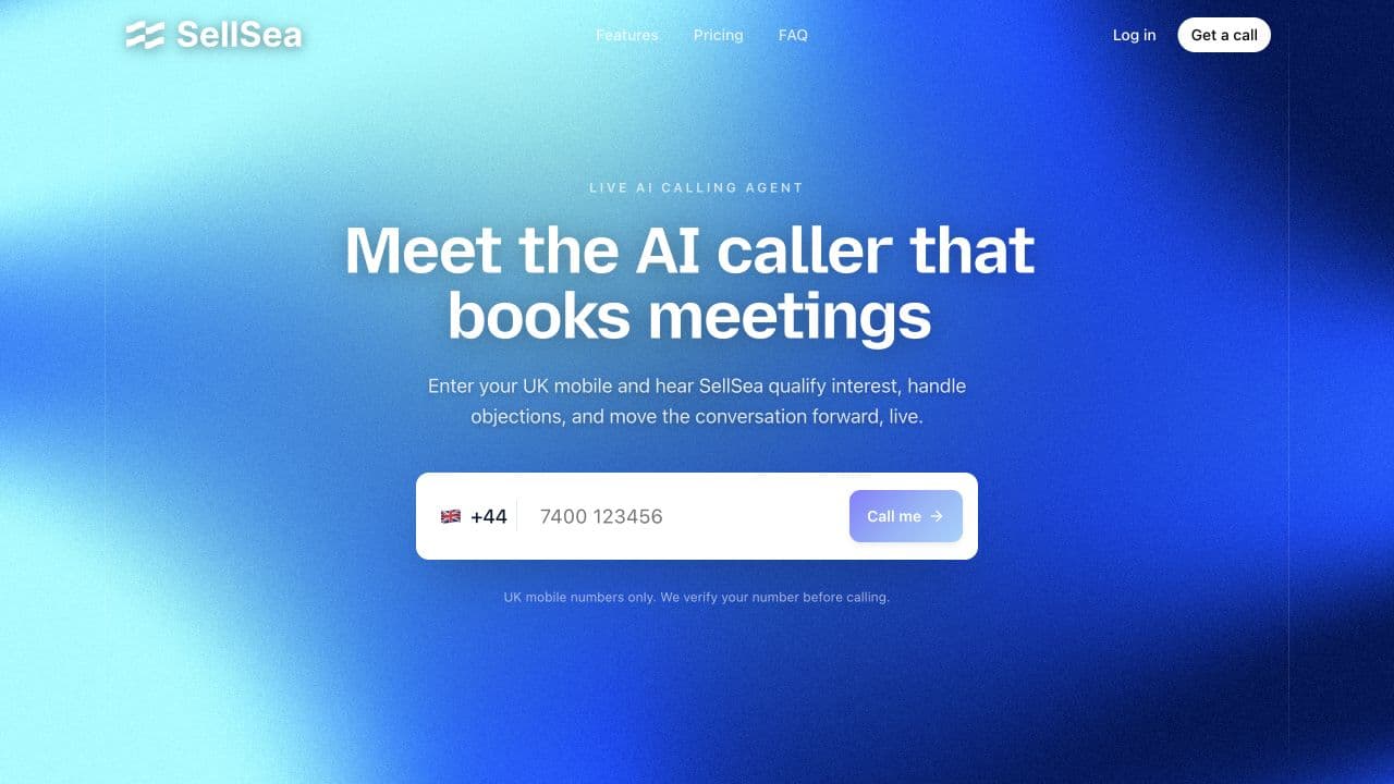 SellSea live AI calling demo with a UK mobile number field