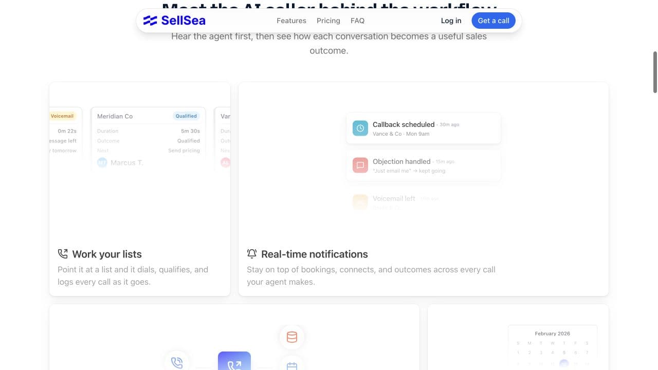SellSea workflow cards for working lead lists, real-time notifications, integrations and scheduled campaigns