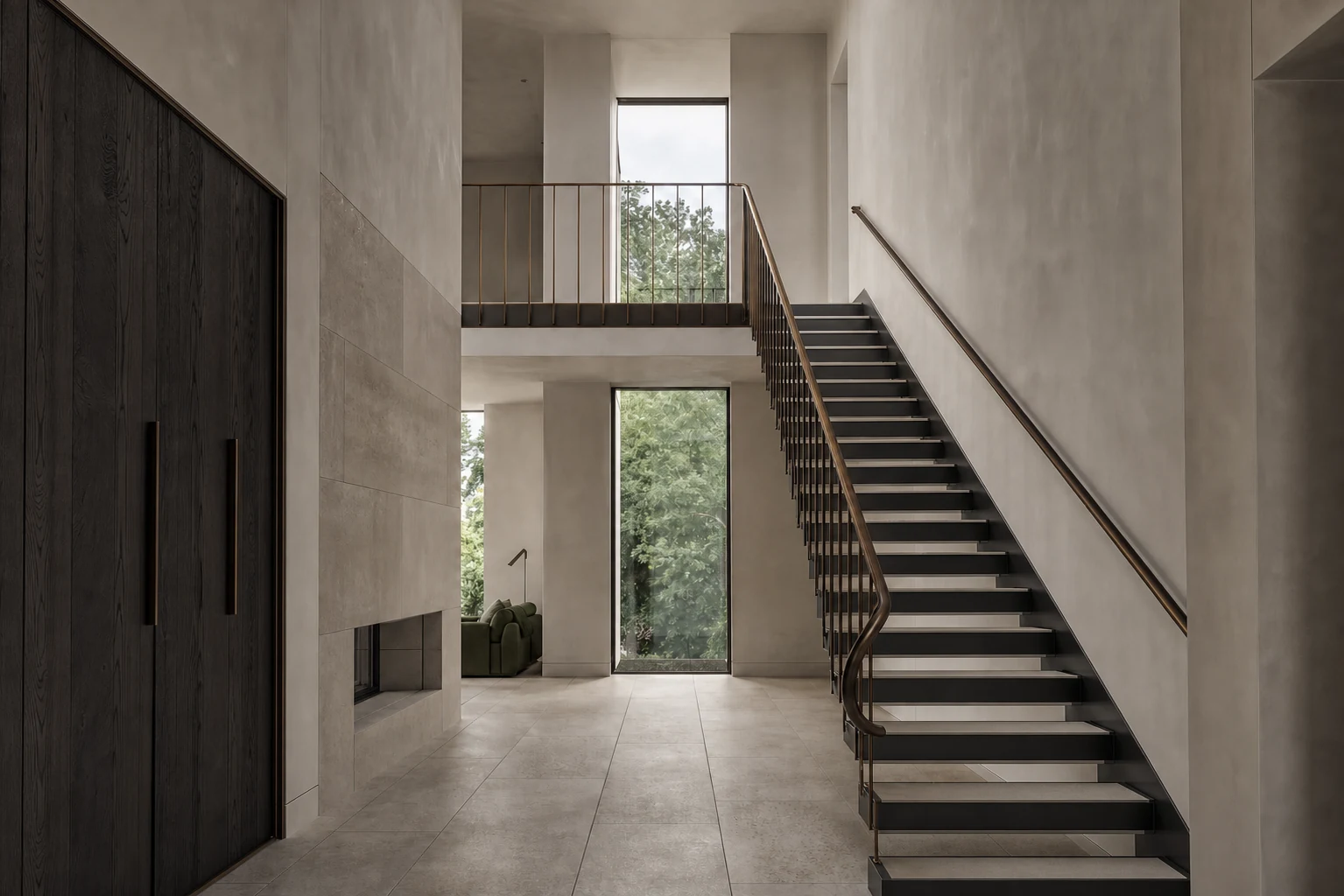Bespoke dark metal staircase and bronze handrail in a contemporary residence