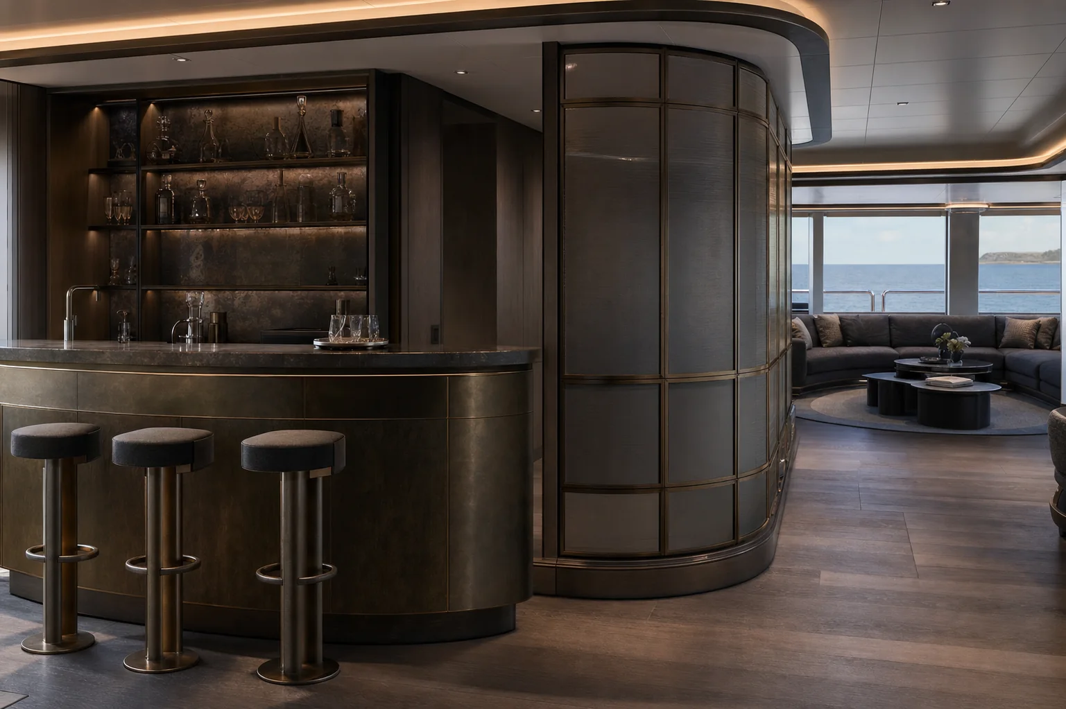 Bespoke superyacht interior with dark patinated metalwork