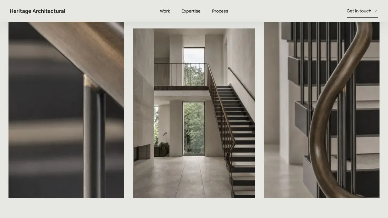 Heritage Architectural expertise page showing material and staircase details
