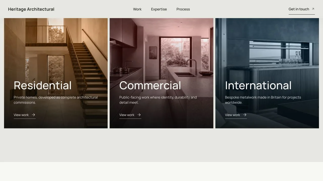 Heritage Architectural work page with residential, commercial and international routes